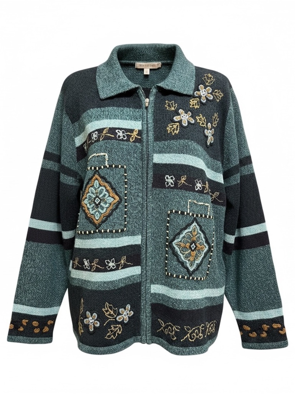 Vintage TanJay Blue Embroidered Zipper Front Cardigan Size M